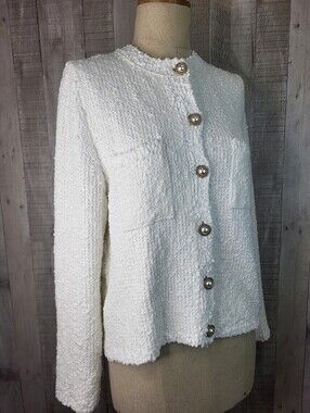 MNG Button Up Sweater/Jacket/Blazer Elegant Cream Bouclé Size Medium.